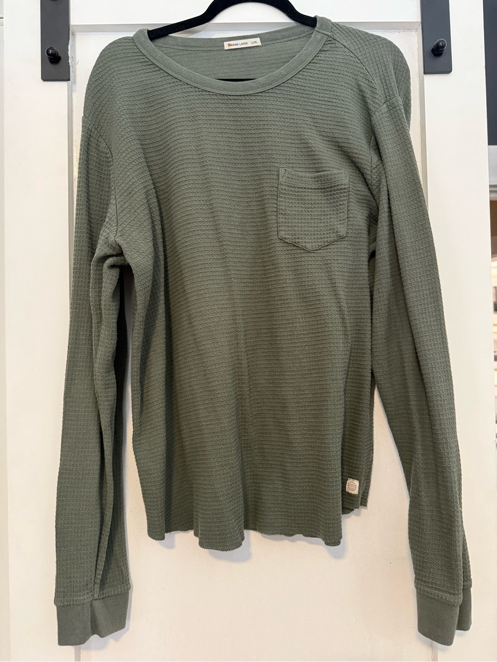 Marine Layer Olive Green Waffle-Knit Long Sleeve Pocket Tee